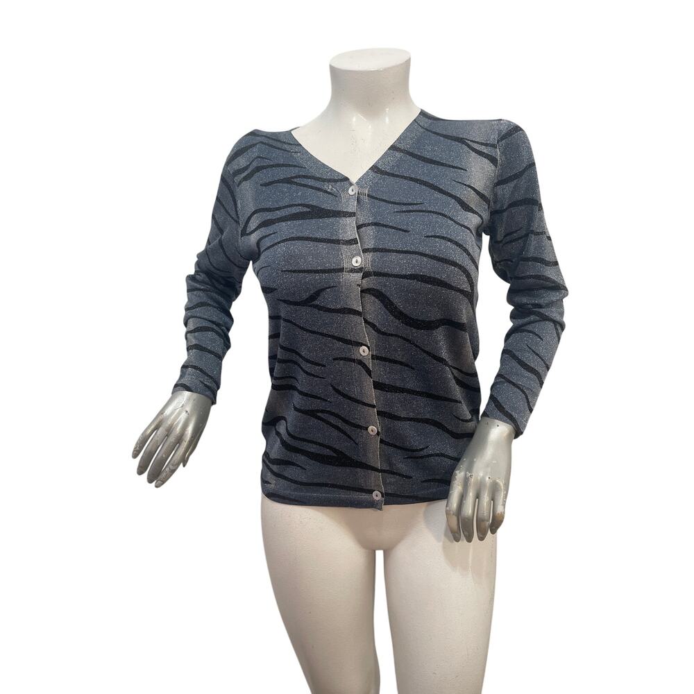 Vintage Amelia Austin blue black silk shimmer cardigan sweater zebra-like L